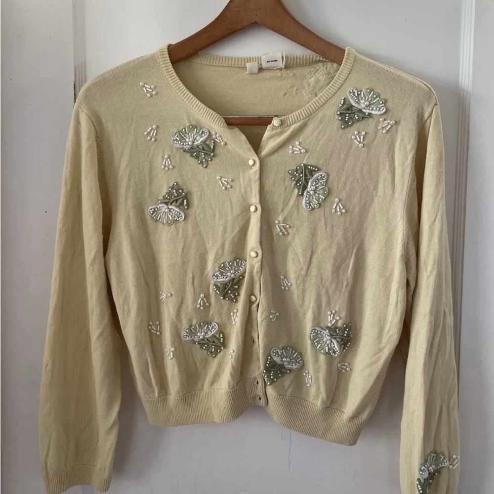 Anthropologie Moth
Creamy Yellow Beaded Embroidered
Cardigan Sweater Size XL